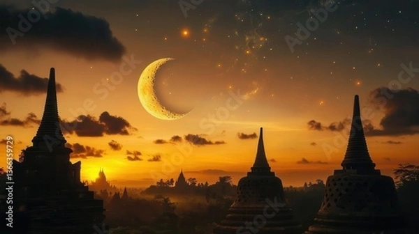 Fototapeta Stunning Sunset Over Ancient Temples Under Moonlit Sky with Stars in Southeast Asia