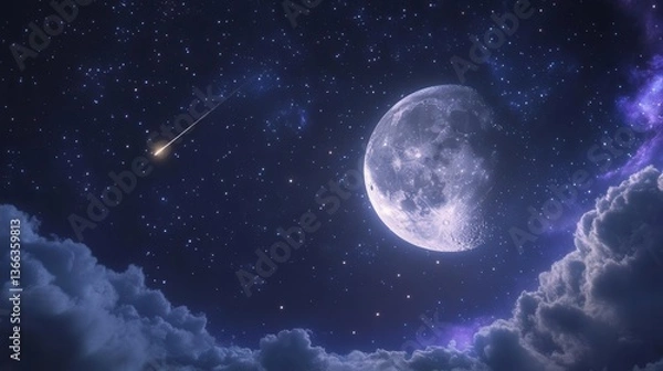 Fototapeta Stunning Night Sky with Full Moon and Shimmering Stars Above Fluffy Clouds