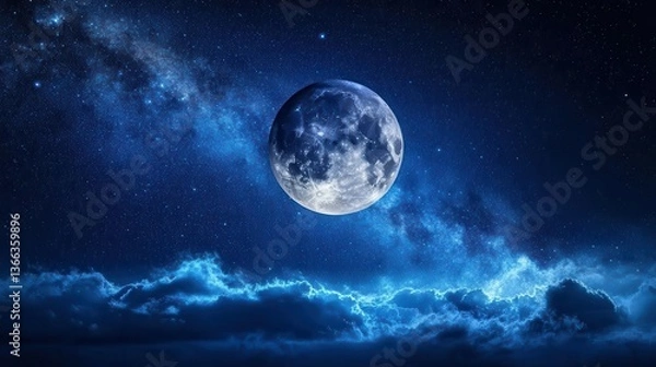 Fototapeta Stunning Night Sky with Full Moon and Glowing Clouds against a Starry Background