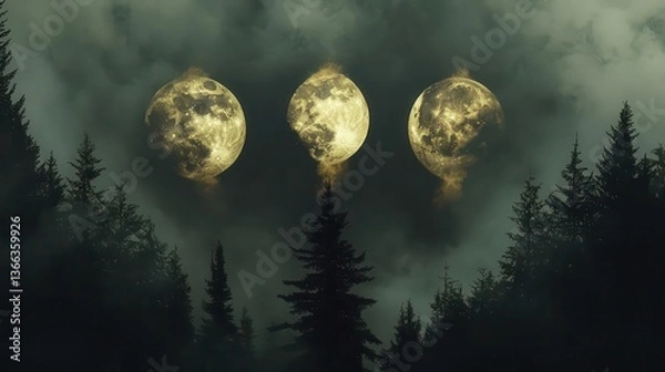 Fototapeta Surreal Night Landscape with Three Illuminated Moons Rising Above a Dark Forest