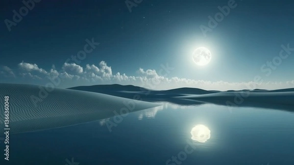 Fototapeta Tranquil Landscape with Moonlight Reflections on Water Surrounded by Serene Clouds and Distant Hills