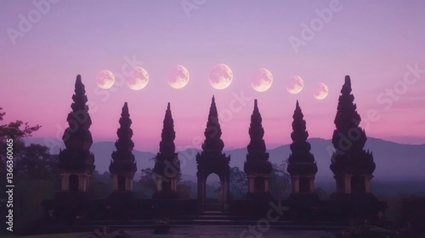 Fototapeta Stunning Twilight View of a Sacred Temple with Lunar Phases in the Background Over Mountains
