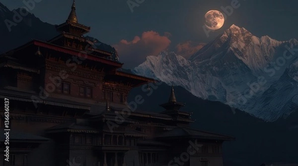 Fototapeta Temple Silhouette Against Snowy Himalayan Peaks Under Moonlit Night Sky in Nepal
