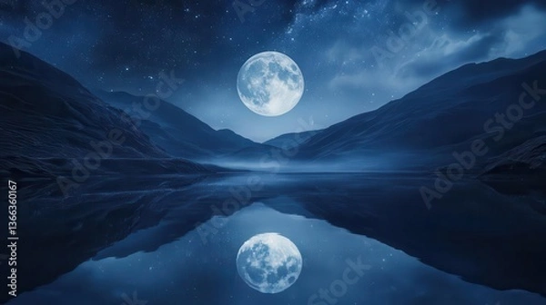 Fototapeta Stunning Nightscape with Full Moon and Reflections in Tranquil Water Surrounded by Mountains