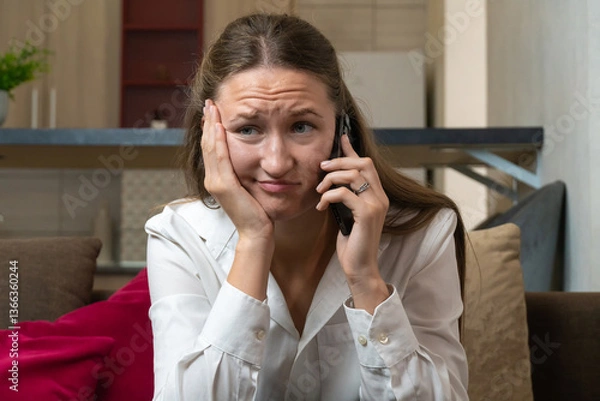 Fototapeta Young woman looking concerned while receiving upsetting news during phone call, her face showing worry and stress as she listens intently