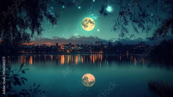 Fototapeta Stunning Nighttime Landscape with Full Moon and City Reflection on Calm Lake at Dusk