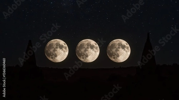 Fototapeta Three Full Moons Rising Over Silhouetted Temples Under Starry Night Sky