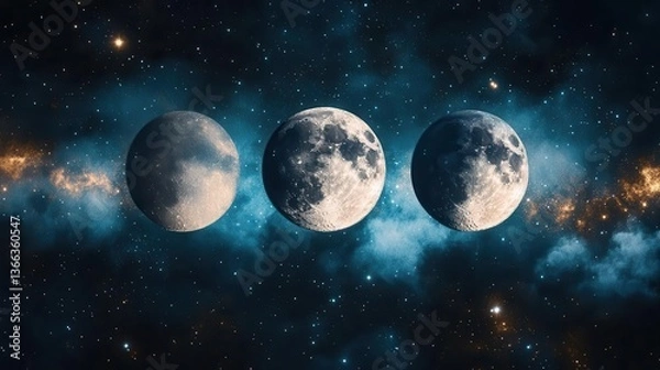 Fototapeta Triple Moon Phases Suspended in a Colorful Cosmic Background of Stars and Galactic Nebula