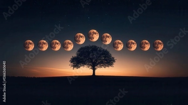 Fototapeta Stunning Silhouette of a Tree with a Sequence of Moons Against a Twilight Sunset Sky