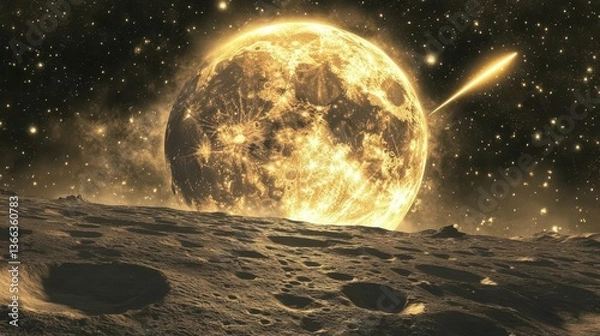 Fototapeta Surface of a Moon with a Bright Luminous Moon and Comet in a Starry Night Sky