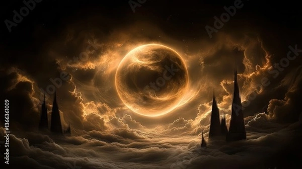 Fototapeta Surreal Celestial Scene with Golden Moon Surrounded by Ominous Clouds and Dark Towers at Night
