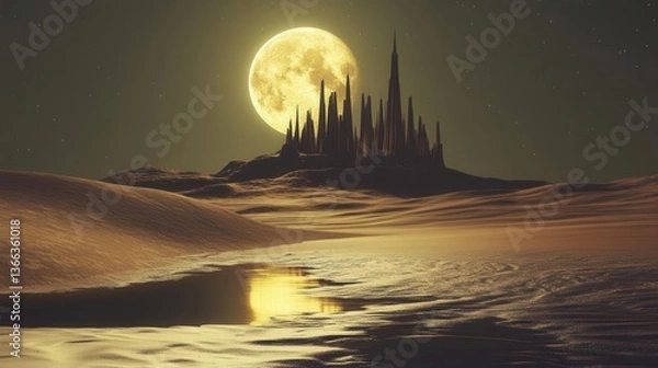 Fototapeta Surreal Desert Landscape with a Fantasy Castle Under a Full Moon and Starry Sky
