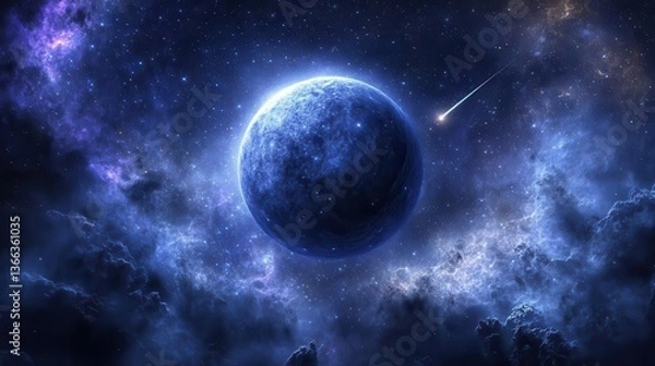 Fototapeta Vibrant Cosmic Landscape with Blue Planet Surrounded by Stars and Glowing Nebula in Space