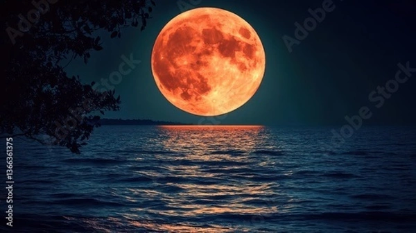Fototapeta Vivid Full Moon Glowing Over Tranquil Ocean with Shimmering Reflections at Night