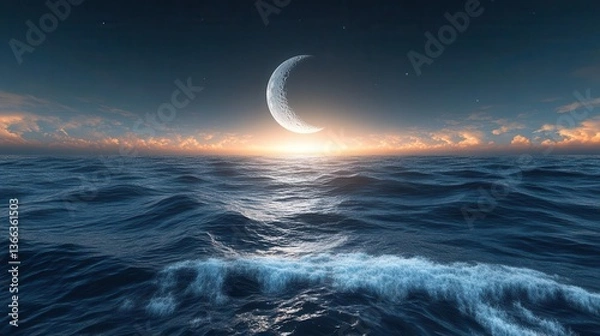Fototapeta Tranquil Moonlit Ocean at Dusk with Gentle Waves and a Glimmering Horizon