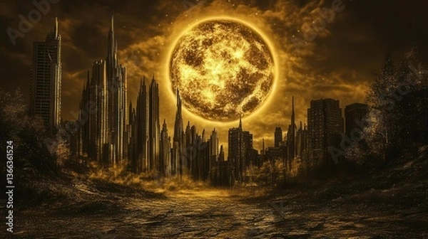 Fototapeta Surreal Urban Landscape with Golden Moon Illuminating a City Skyline at Night