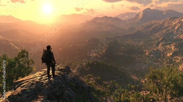 Fototapeta A backpacker stands on a rugged trail, gazing at the breathtaking sunset over a vast mountain range, evoking a sense of adventure and solitude in the wild.. AI Generation