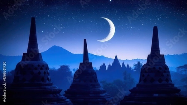 Fototapeta Tranquil Night View of Ancient Temples Under a Crescent Moon in a Starry Sky