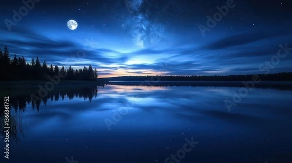 Fototapeta Tranquil Night Sky with Stars Reflecting on a Still Lake Surrounded by Forest and Moonlit Atmosphere