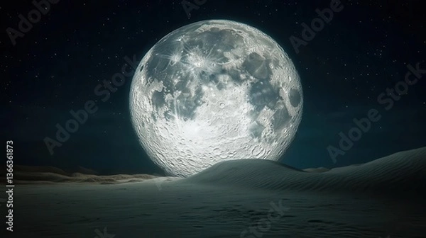 Fototapeta Vast Desert Landscape Under a Glowing Full Moon Illuminated by Stars in a Night Sky