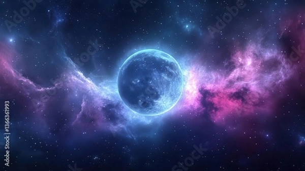 Fototapeta Vibrant Cosmic Landscape Featuring A Mystical Nebula and Imposing Blue Planet in Space