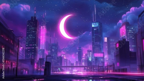 Fototapeta Vibrant Neon City Skyline at Night with a Crescent Moon and Reflective Surfaces in Futuristic Landscape