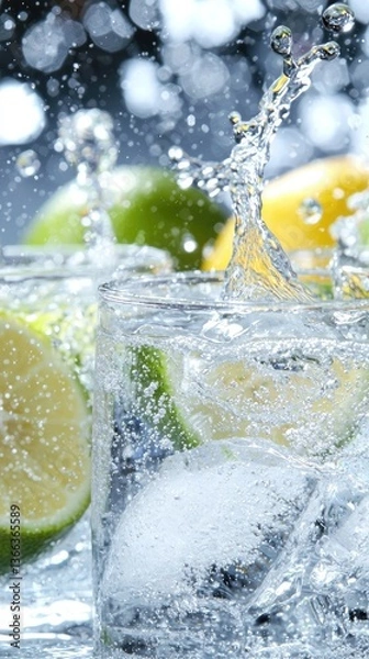Fototapeta Citrus Splash Refreshing drink, lime, lemon, ice cubes, bubbly water and drops. Cool beverage ad