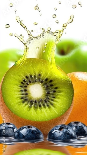 Fototapeta Kiwi slice splash on fruits display in an orange background, for food advertising, health blog