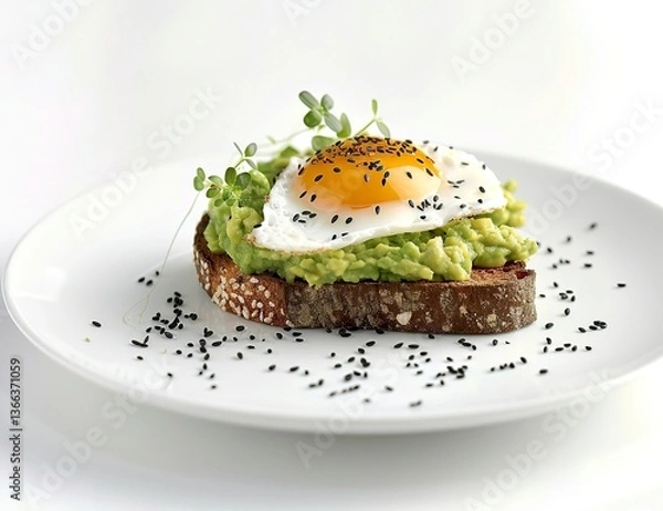 Fototapeta Stylized tabletop photography of an avocado toast with black sprinkled seeds and a sunny-side-up