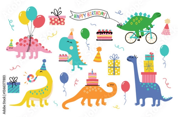 Obraz Birthday Dinosaurs collection. Party elements with cakes, gifts, confetti, and balloons.