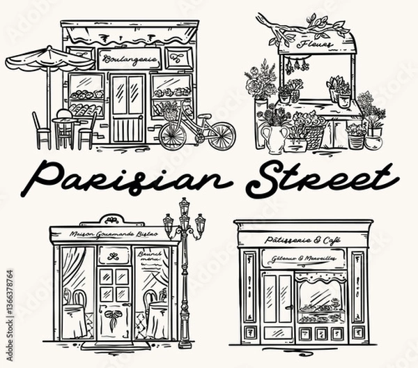 Fototapeta Set of Parisian charming storefronts vector hand drawn illustration set