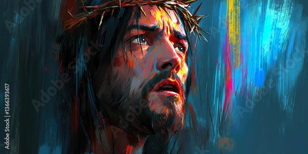 Fototapeta Colorful and expressive portrait of man with crown of thorns, dramatic face and vibrant lighting - Generated with AI