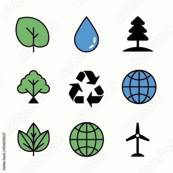 Fototapeta Eco-friendly icon set, 6 symbols representing nature and environment (green leaf, water drop, tree silhouette, recycle symbol, globe, wind turbine), minimalist flat design, vector graphics
