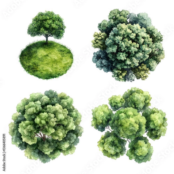 Fototapeta green grass isolated on white background, Set of watercolor tree top view for landscape plan and architecture layout