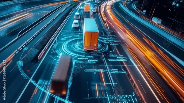 Fototapeta An AI powered system enhancing transportation logistics by analyzing traffic patterns, delivery routes, and vehicle performance to optimize fleet management and reduce fuel consumption