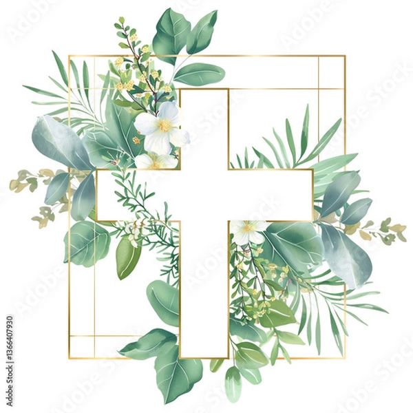 Obraz Graphic Easter Cross Clipart, Spring Floral Arrangements, Baptism Crosses DIY Invitation, Golden frame and foliage watercolor on transparent background