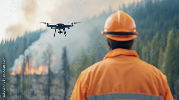 Obraz Wildfire search and rescue pilot using drones for emergency response in forest areas high-tech action aerial view