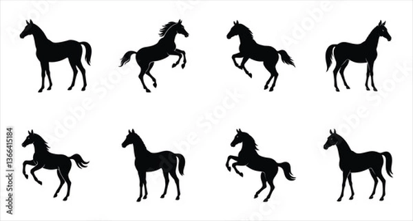 Obraz A set of eight Akhal teke horse vector silhouette designs. Simple collection. Isolated bundle on white background.