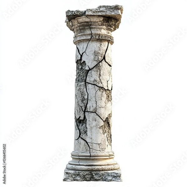 Fototapeta Old broken crack pillar isolated on a white background showcasing vintage and damaged architectural design