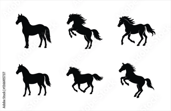 Obraz A set of six Haflinger horse vector silhouette designs. Simple collection. Isolated bundle on white background.