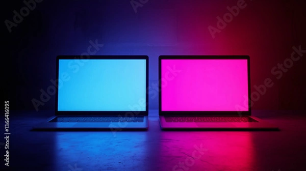 Fototapeta Two laptops next to glowing blue and pink screens in dark room