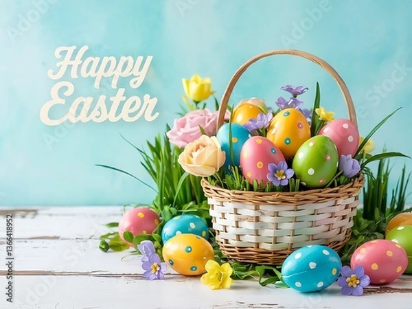 Fototapeta Beautiful Easter Basket Filled with Colorful Polka-Dot Eggs and Fresh Spring Flowers on a Rustic Wooden Table Against a Soft Pastel Blue Background for a Joyful Holiday Celebration. Easter Holiday art