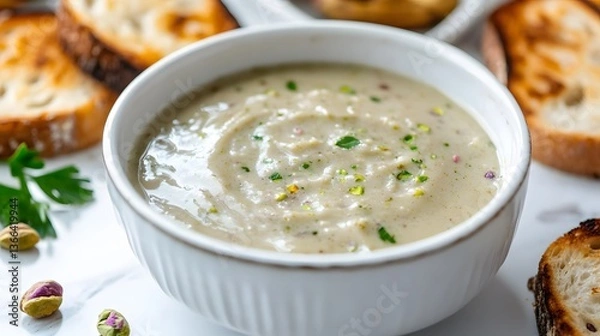 Fototapeta Creamy Pistachio Soup with Toasted Bread