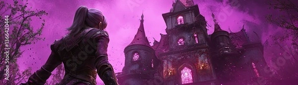 Fototapeta Woman approaches haunted castle, dark forest, purple sky, fantasy game art