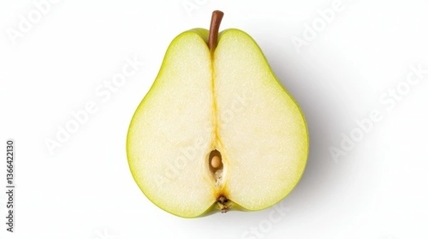 Fototapeta A cross-section of a fresh green pear, showcasing its smooth texture and seeds, against a plain white background.