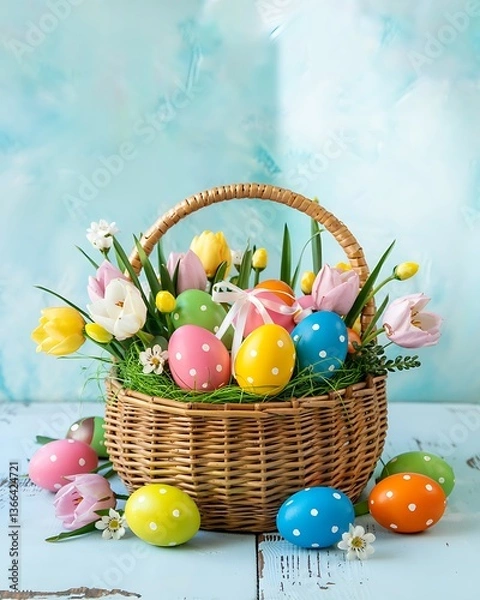 Fototapeta Beautiful Easter Basket Filled with Colorful Polka-Dot Eggs and Fresh Spring Flowers on a Rustic Wooden Table Against a Soft Pastel Blue Background for a Joyful Holiday Celebration. Easter Holiday art