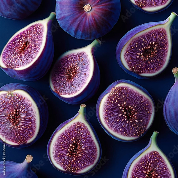 Fototapeta High-angle photograph of numerous purple figs, cut in half with the pits visible and their intricate patterns clearly displayed. The background is a dark blue, with soft lighting.