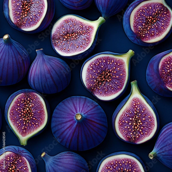 Obraz High-angle photograph of numerous purple figs, cut in half with the pits visible and their intricate patterns clearly displayed. The background is a dark blue, with soft lighting.