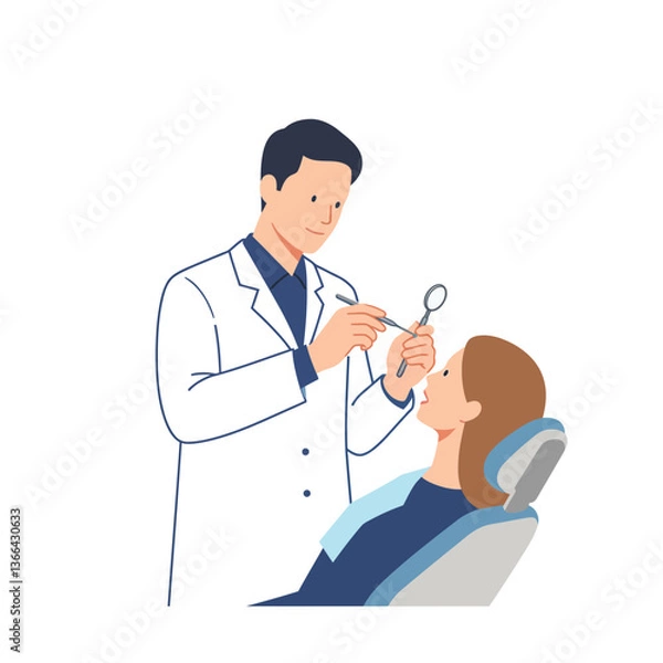 Fototapeta Dentist examining a patient in a modern clinic with minimal design, showcasing care and professionalism in vector illustration