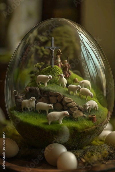 Fototapeta An egg made of transparent glass. inside the egg, there is a tiny hill with green grass. a flock of lambs is grazing with their shepherd. on the top of the hill, a shiny cross is standing. the egg is 